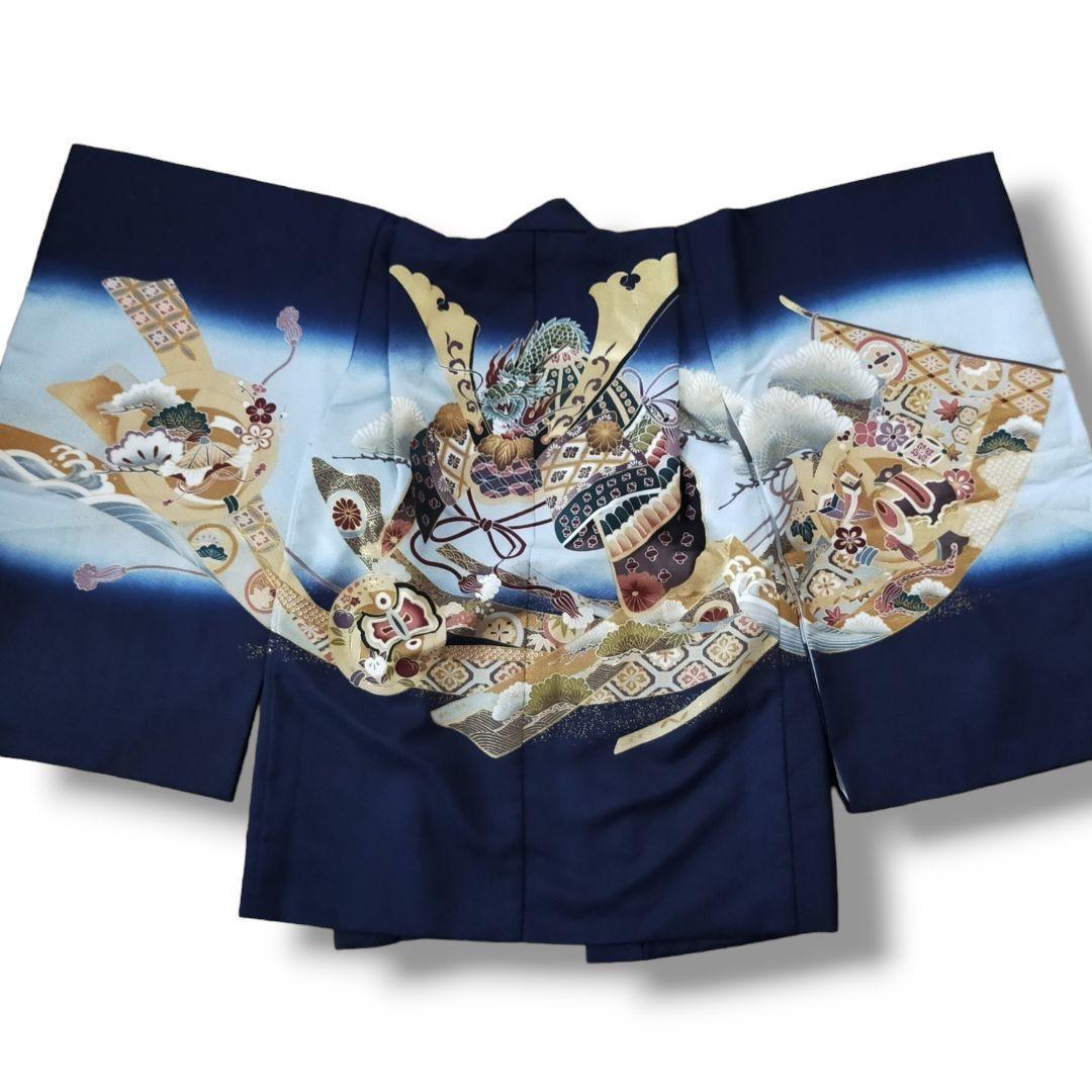 七五三 男の子 5歳 着物 セット 一式 紺 水色 ブルー 兜 几帳 0506