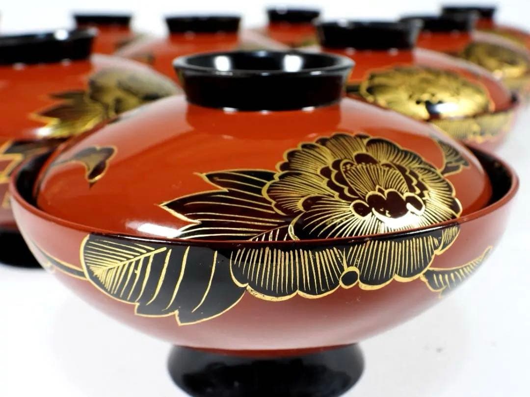 輪島塗 懐石椀汁椀 蒔絵椀 上質朱漆 牡丹沈金 蓋碗十客 共箱 - メルカリ