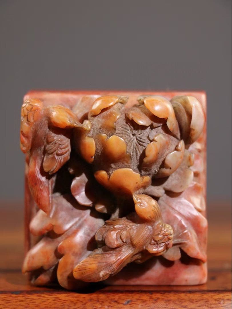 時代物　天然 芙蓉寿山石 彫刻　雙喜臨門　文房具　印鑑　縁起物　アンティーク