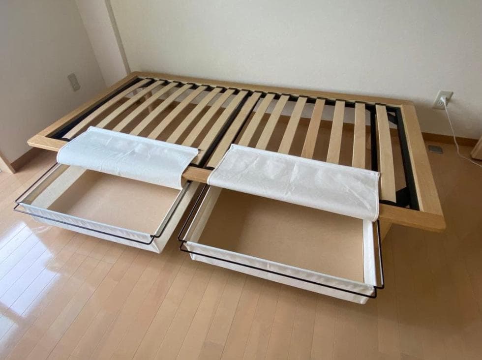 【美品】無印良品 シングルベッドフレーム オーク材 木製脚 帆布収納付き