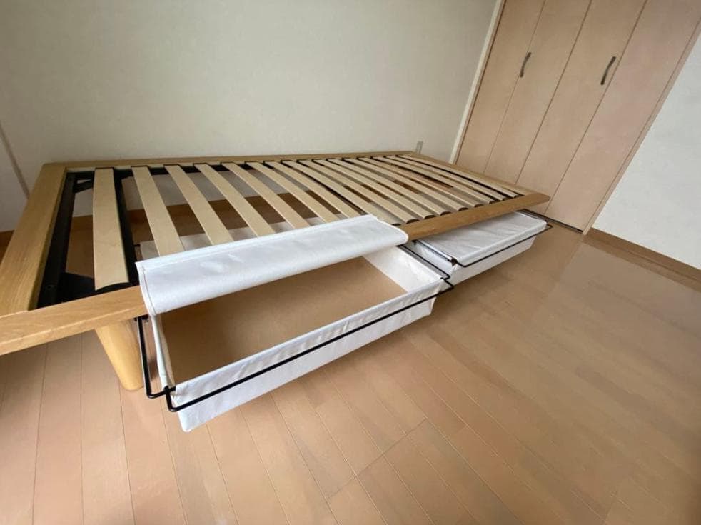 【美品】無印良品 シングルベッドフレーム オーク材 木製脚 帆布収納付き