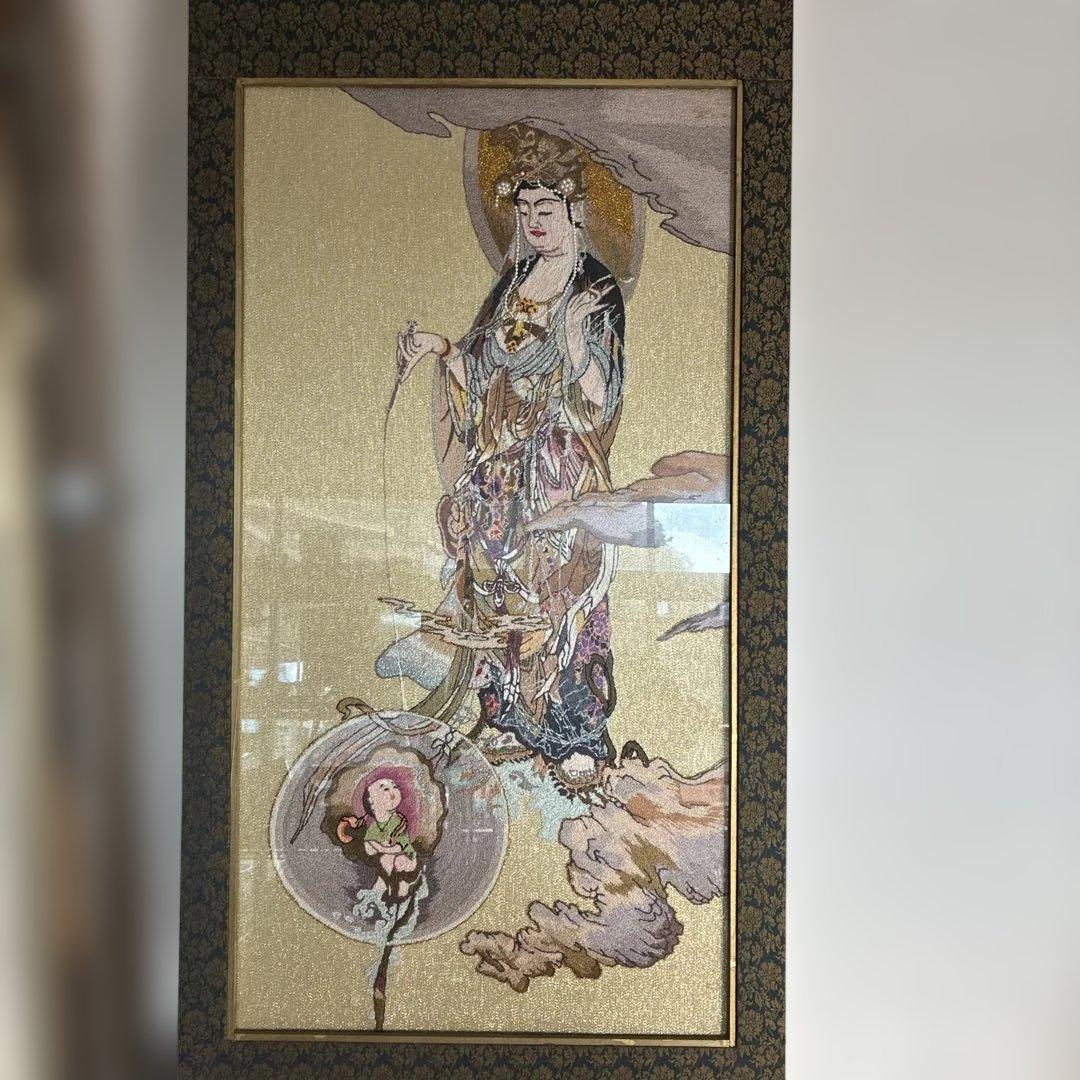 文化刺繍 慈母観音図 着色絹本 仏画 仏教美術 悲母観音 刺繍画 刺繍