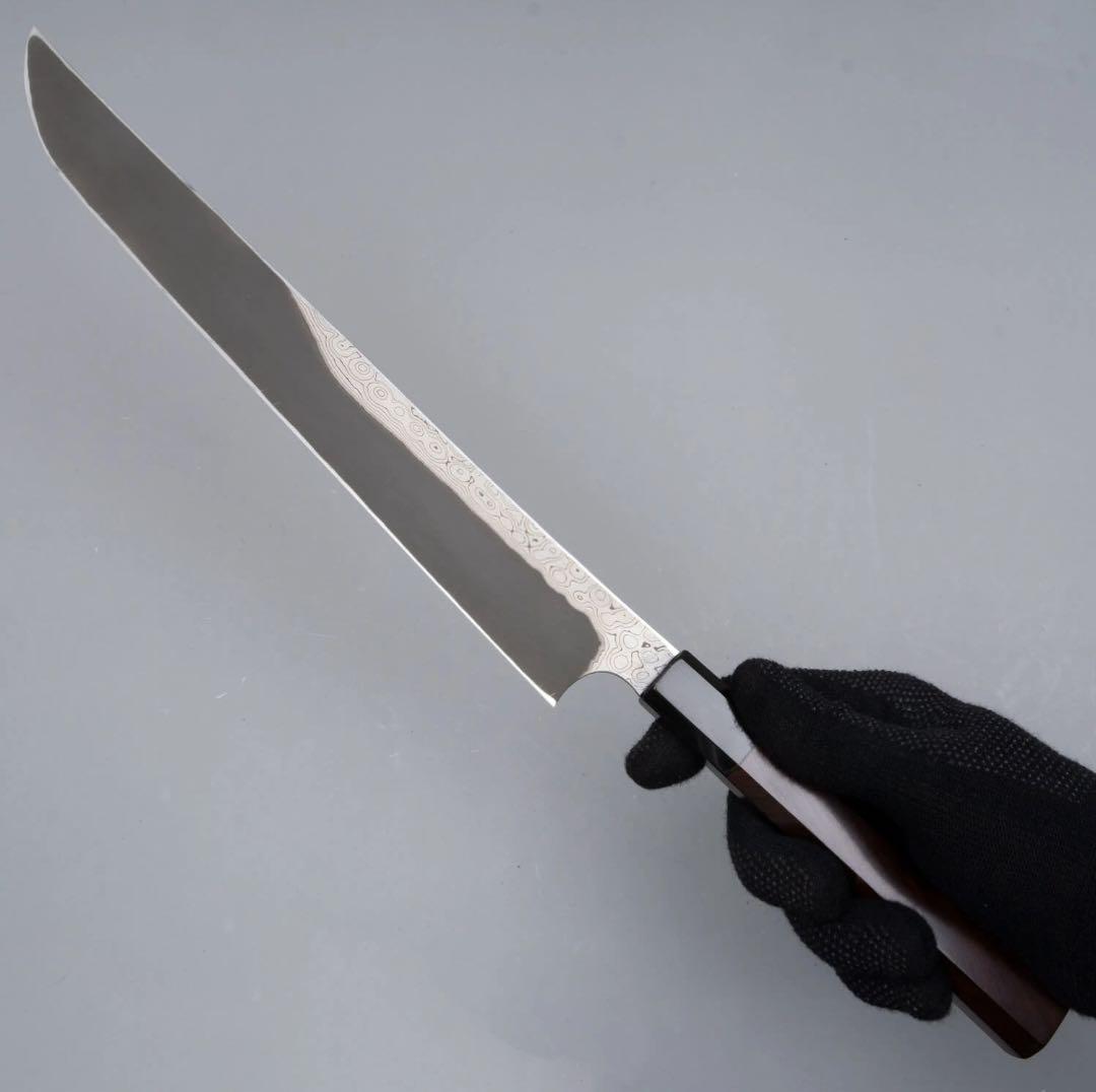 二唐刃物　暗紋ダマスカス黒槌目　青二先丸柳刃300