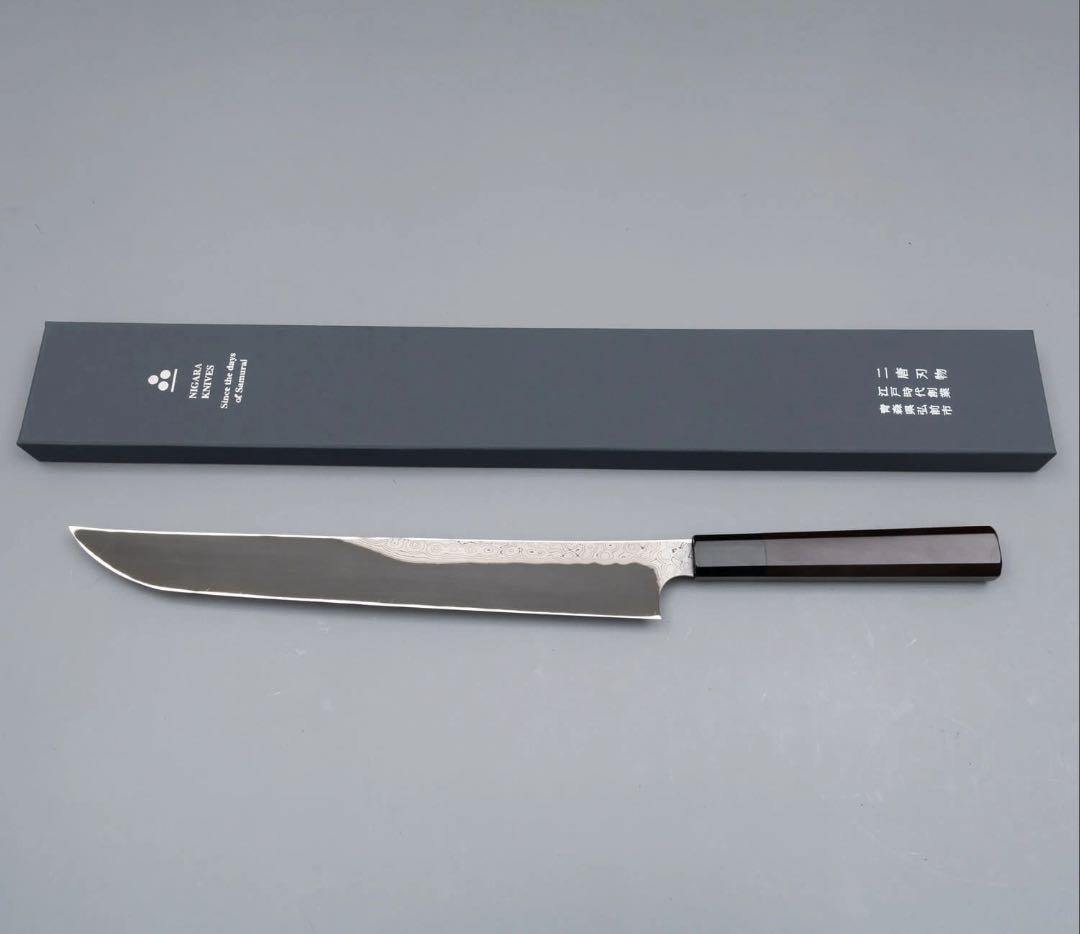 二唐刃物　暗紋ダマスカス黒槌目　青二先丸柳刃300