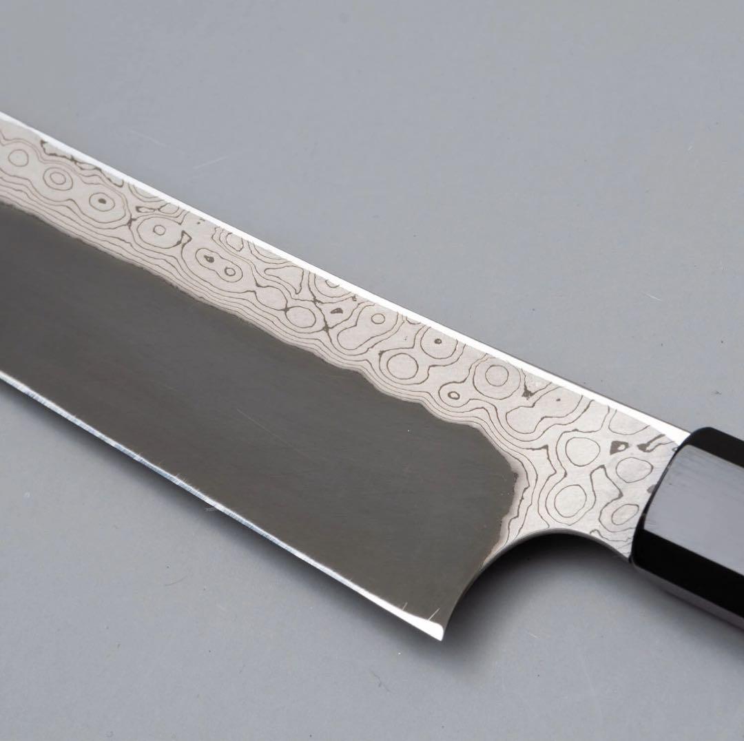 二唐刃物　暗紋ダマスカス黒槌目　青二先丸柳刃300