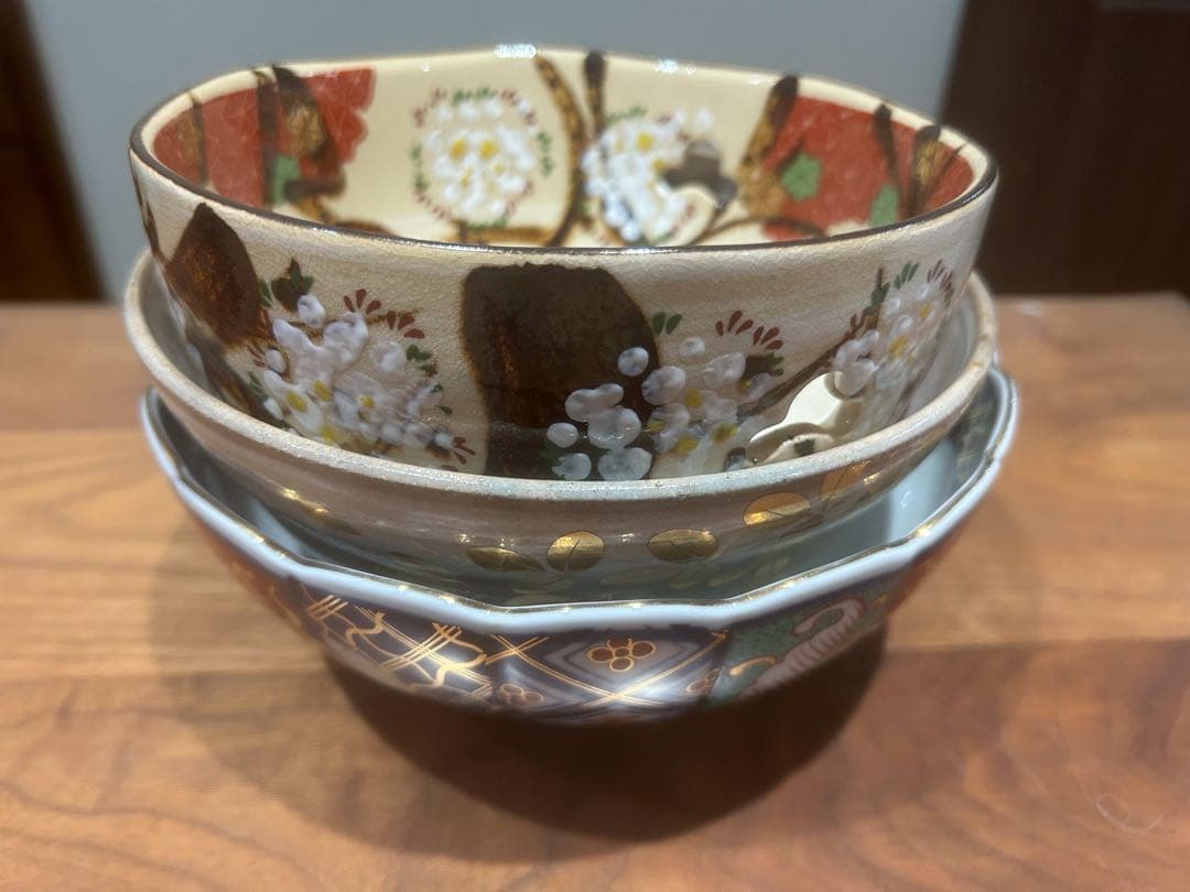 手描き透かし菓子鉢　金箔和風大鉢　橘吉金箔煮物中鉢　３個セット