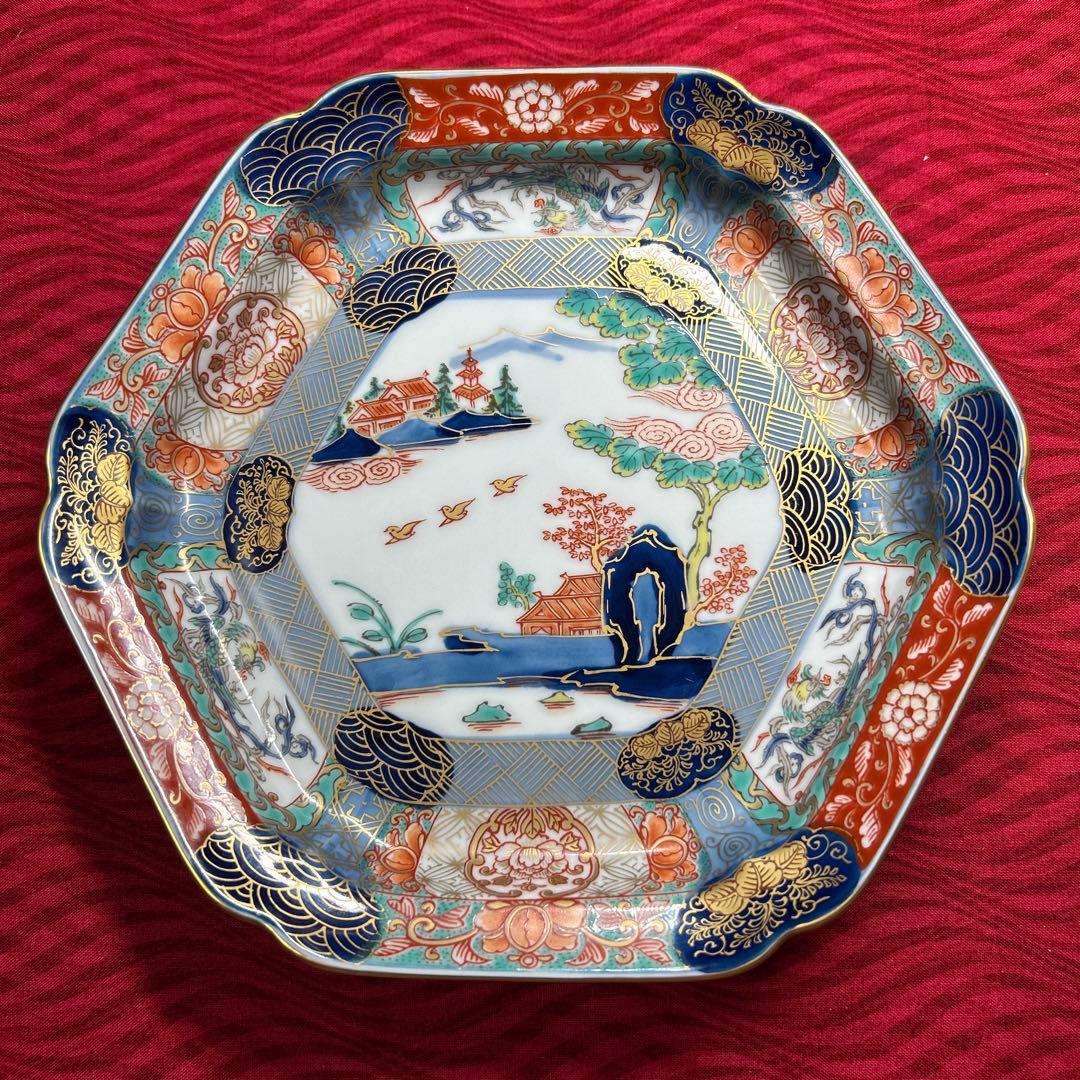 174 有田焼 古伊万里 幸楽窯 錦色絵山水 六角皿 5枚 箱付 18.5cm