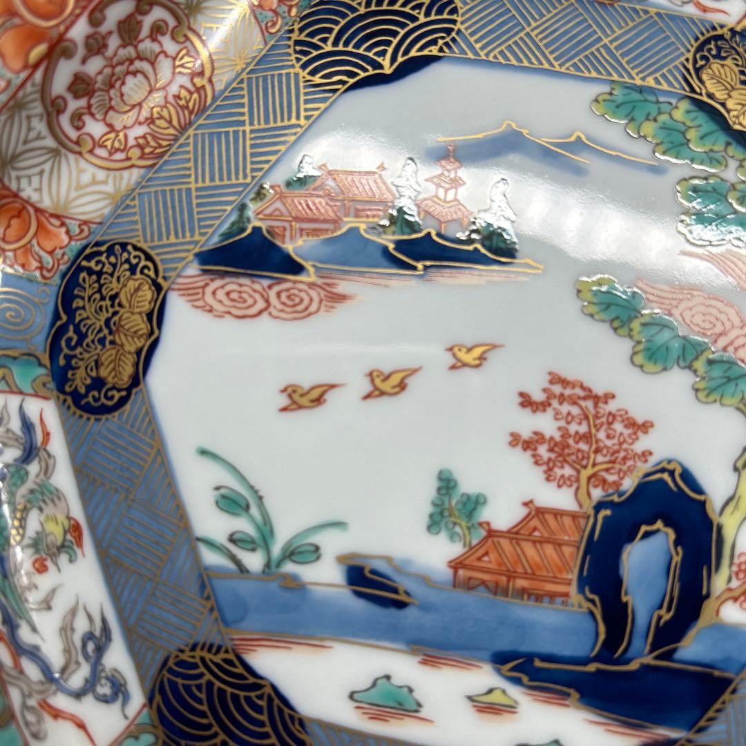 174 有田焼 古伊万里 幸楽窯 錦色絵山水 六角皿 5枚 箱付 18.5cm