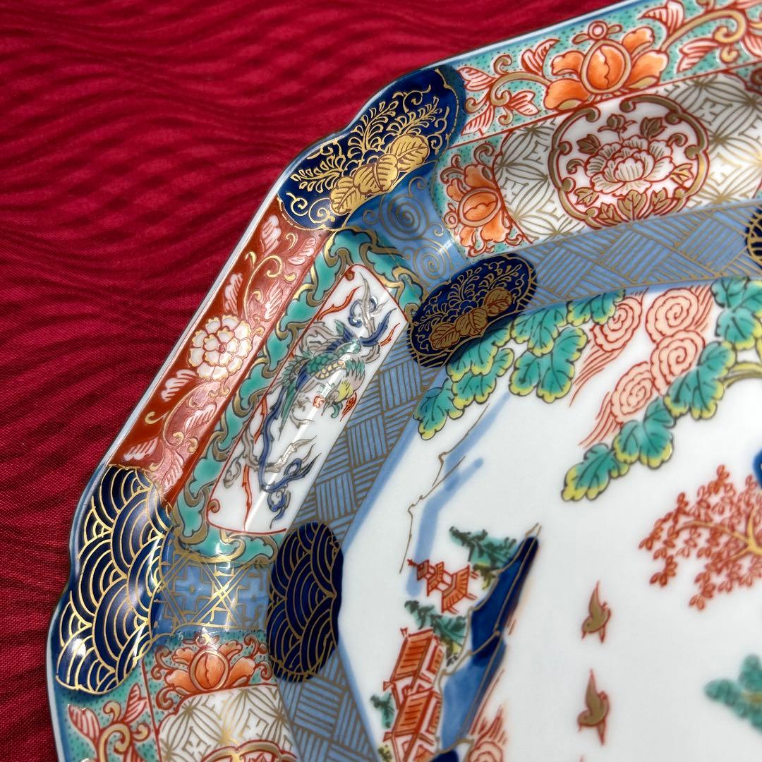 174 有田焼 古伊万里 幸楽窯 錦色絵山水 六角皿 5枚 箱付 18.5cm