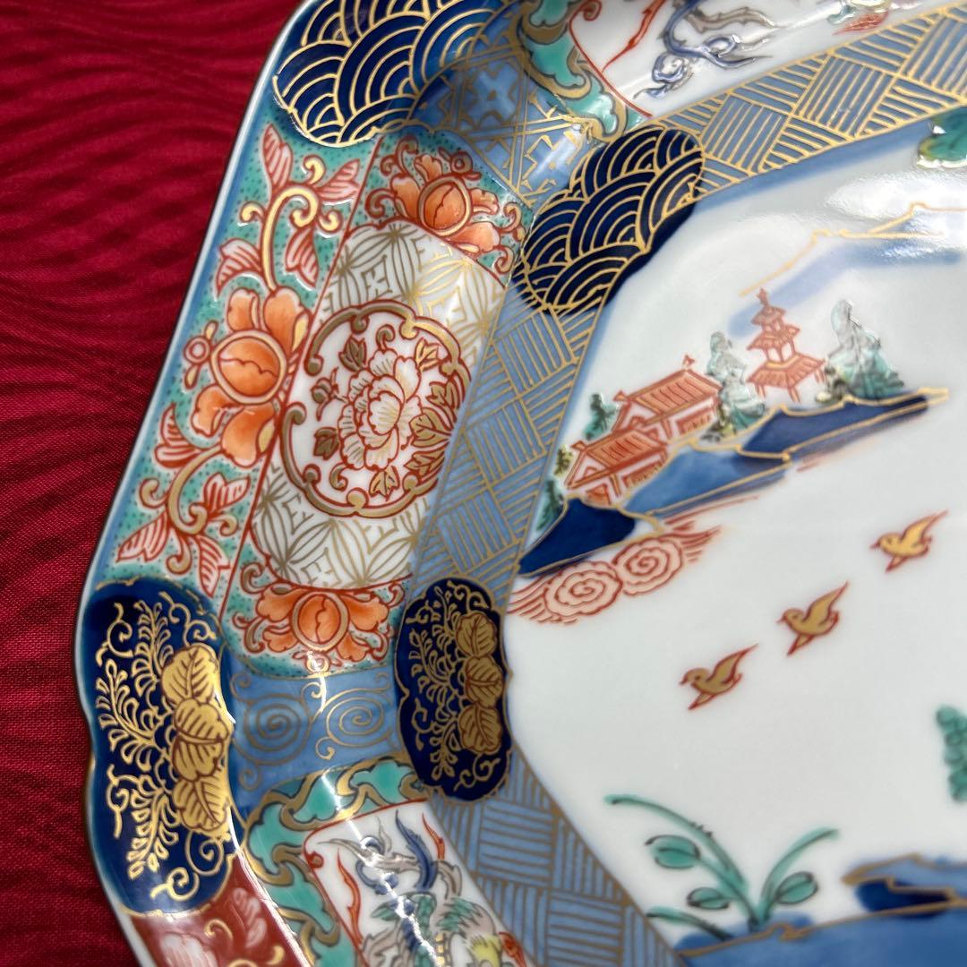 174 有田焼 古伊万里 幸楽窯 錦色絵山水 六角皿 5枚 箱付 18.5cm
