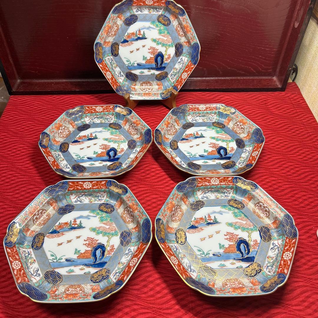 174 有田焼 古伊万里 幸楽窯 錦色絵山水 六角皿 5枚 箱付 18.5cm