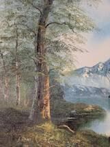 真作】絵画 油彩10号 湖畔と雪山 静謐な自然美あふれる風景画 Y51