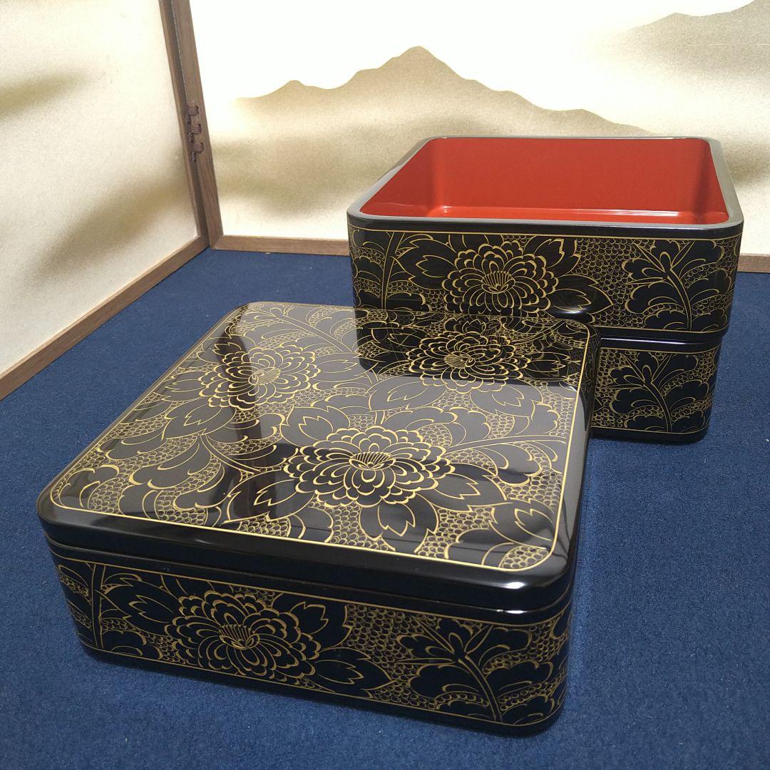 AG73 輪島塗 三段重 沈金蒔絵 菊図 重箱 未使用 石川堂謹製 木箱入和紙