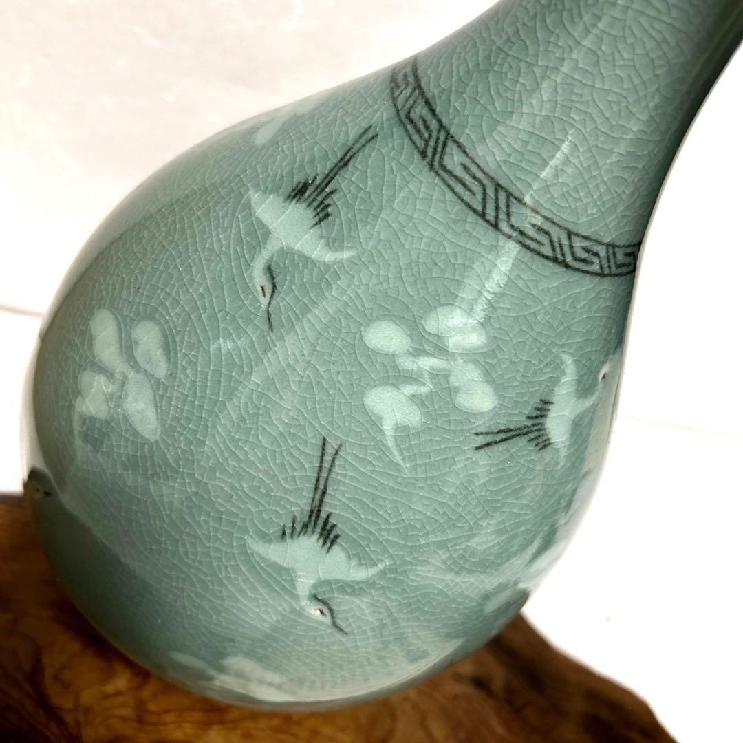 韓国古物 趙京青磁民俗陶芸 趙京洙 青磁鶴雲花瓶 置物 壺 趙京民俗陶芸