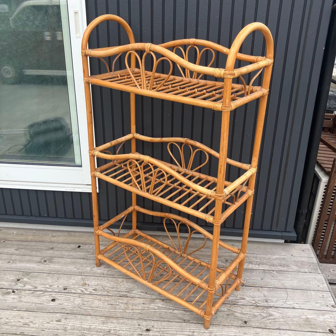 昭和レトロ ラタンラック フラワーラック 3段 オープンラック 花台 飾り棚