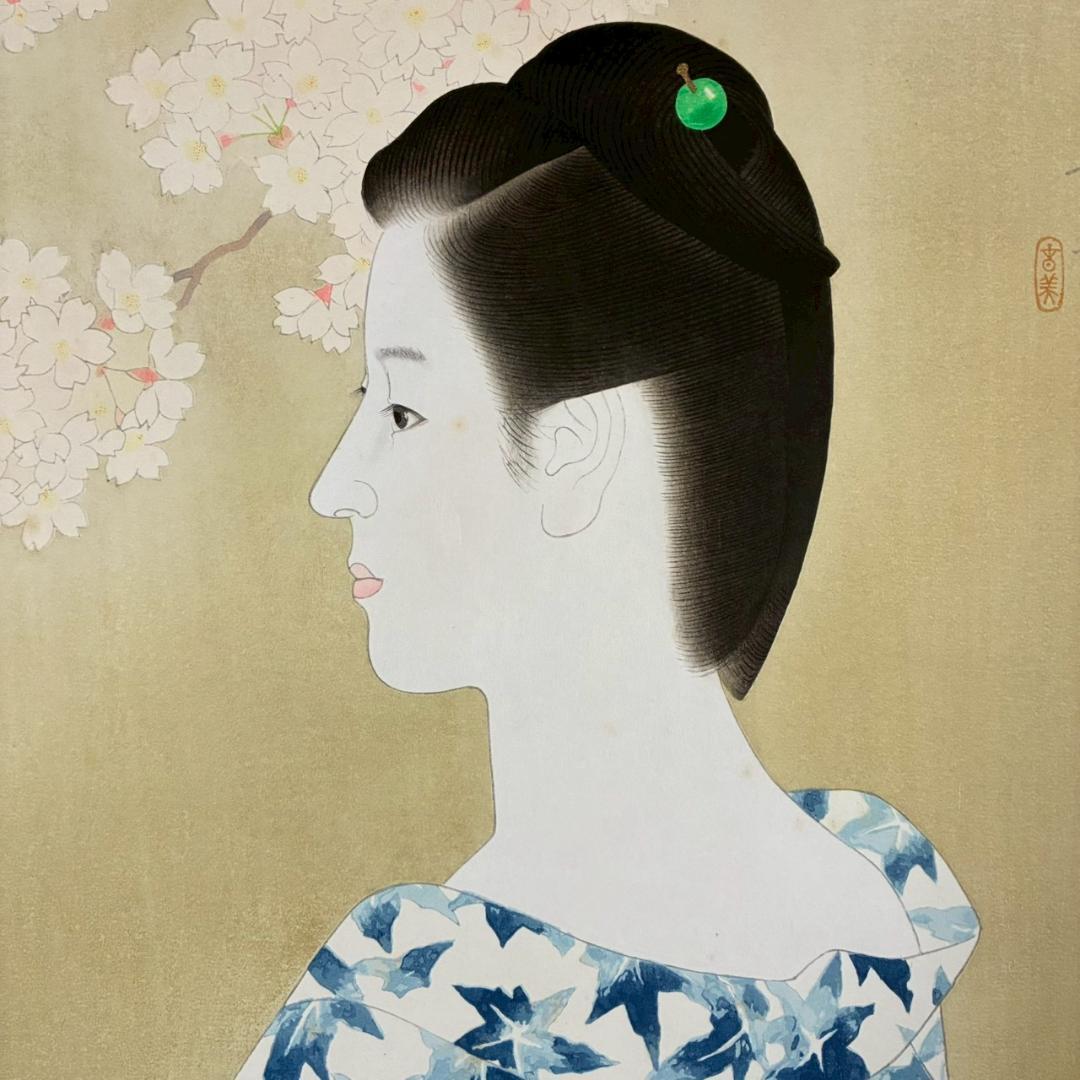 立石春美「湯ノ香」木版画 モモセ版 証明シール・印章有 美人画巨匠