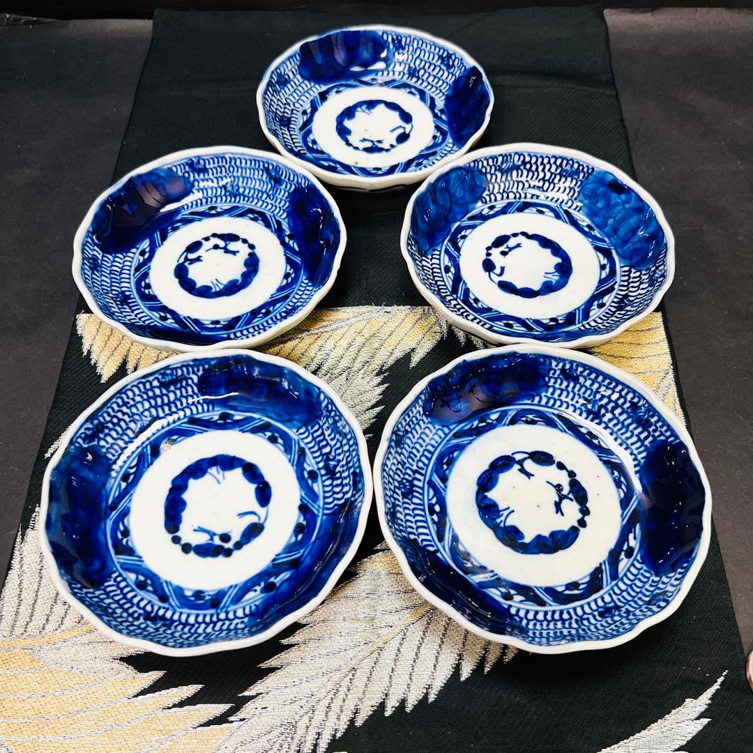 有田焼　古伊万里　染付　深皿　5客　江戸時代　時代物