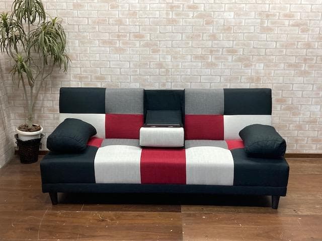 ソファーベッド　小テーブル付き　パッチワーク柄　レッドMIX　ソファ　新品