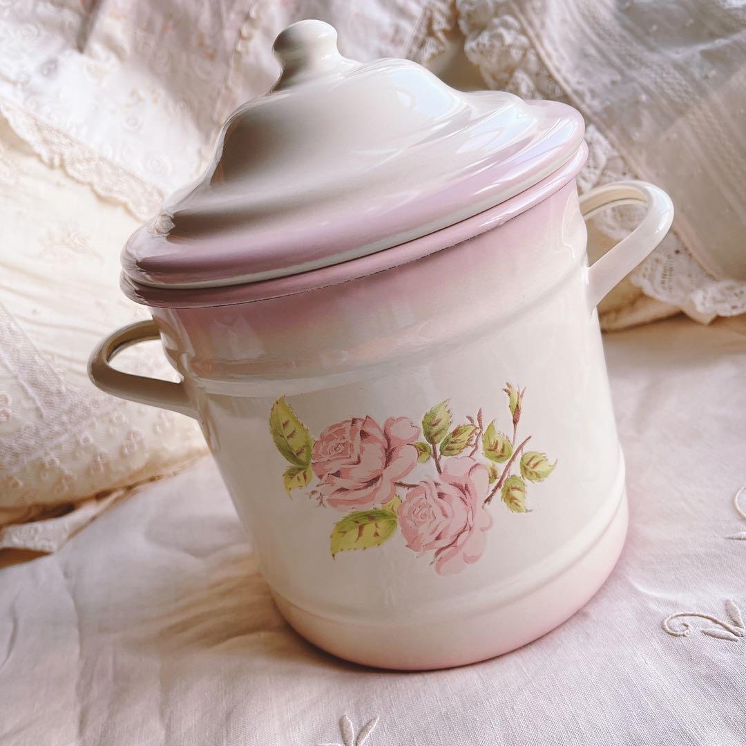 お値下げ♡イマン♡ダイアナローズホーローキャニスターマニーローズバスケット薔薇