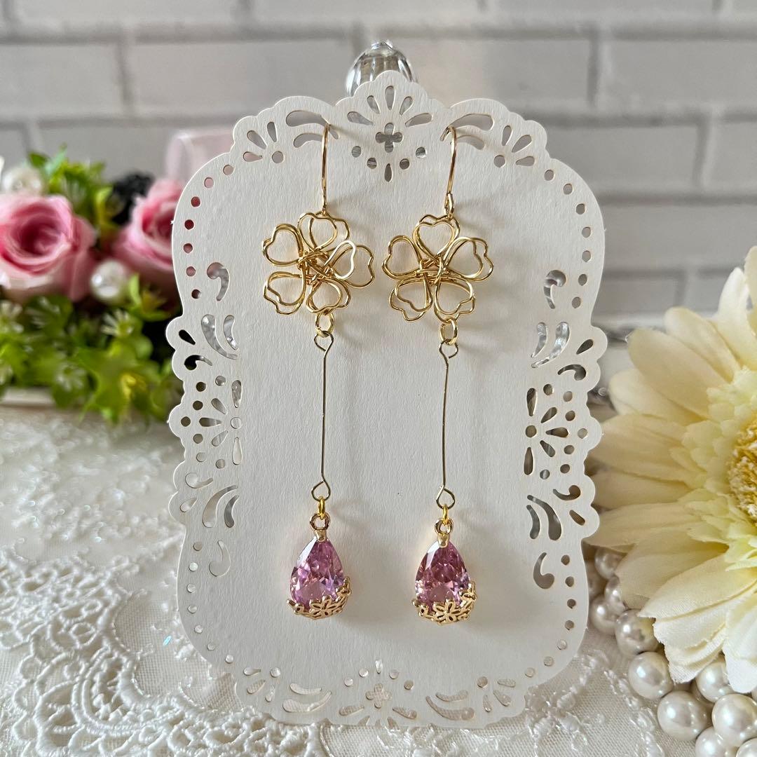 ☆❤️ 雫　花　ワイヤー　桜　しずく　ジルコニア　ピアス　イヤリング　ハンドメイド