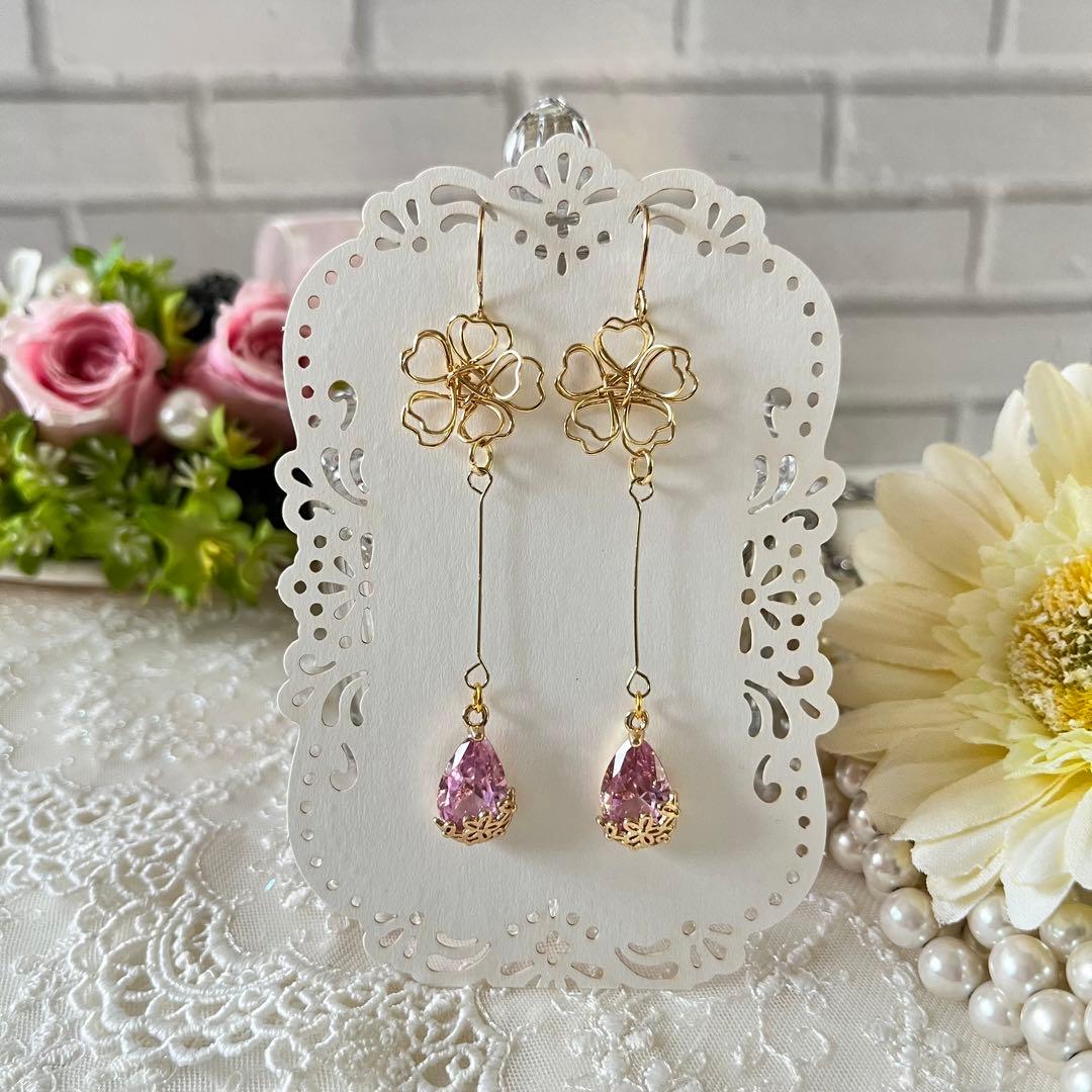 ☆❤️ 雫　花　ワイヤー　桜　しずく　ジルコニア　ピアス　イヤリング　ハンドメイド