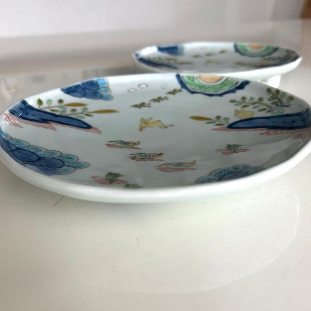 藍水　うさぎ柄　中皿　二枚