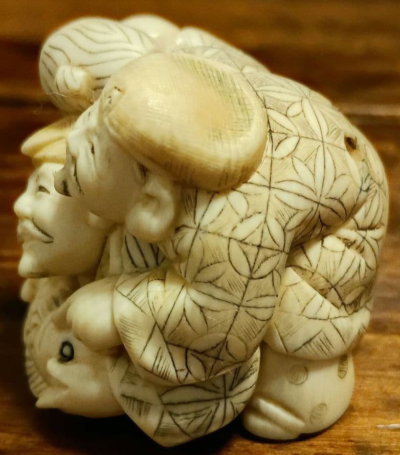 年代物 骨董 象牙風 在銘 恵比寿天 大黒天 根付 47ｇ 縁起物 商売繁盛