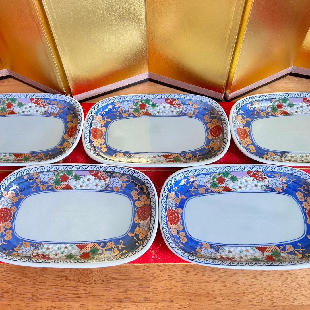 未使用品】有田焼 清秀窯 金彩古伊万里 濃木甲 多用皿揃 楕円皿5客 元