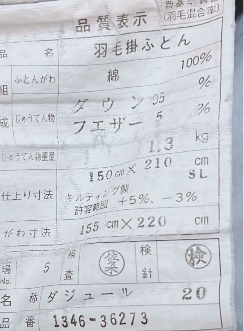西川羽毛布団　ダウン95%、フェザー5%