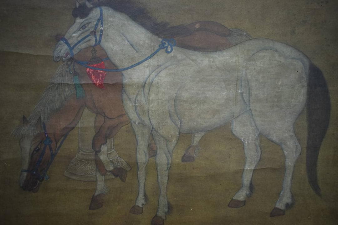 真作/子昴/馬図/中国画？/大幅/布袋屋掛軸HJ-928