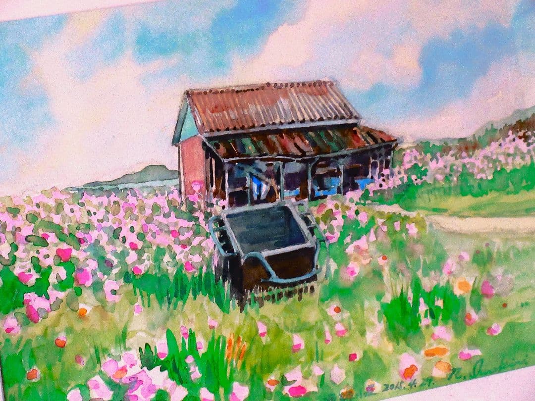 ハマダイコンの咲く小屋 水彩画 F６号額装済み 原画