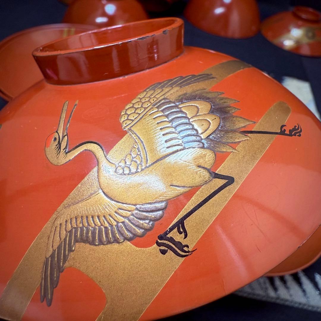 漆器　輪島塗　金蒔絵松鶴文　木製　蓋付椀　お煮物椀　吸物椀　5客　骨董品