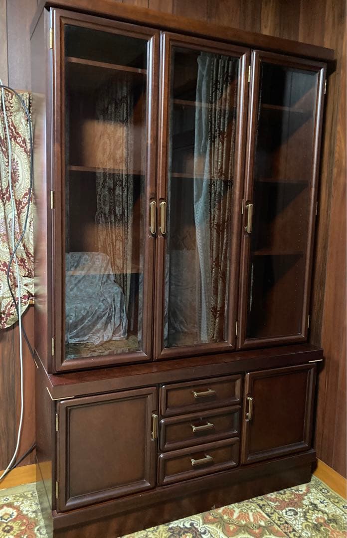 ダークブラウン 木製 本棚 ガラス扉付き