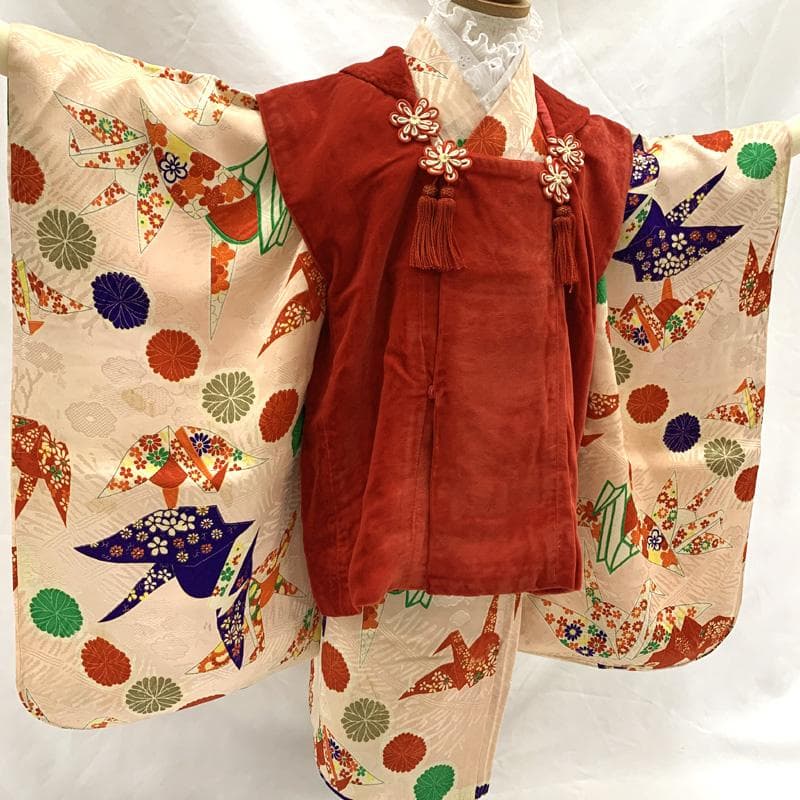 512ag66□七五三 三歳 アンティーク 女児 着物&被布 折鶴 菊文様□