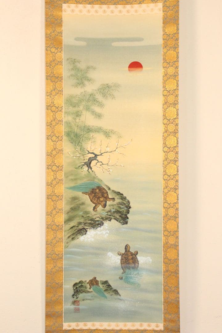 No5313 掛軸 双幅 銘有 国井孝雪 鶴亀之図 絹本 共箱 縁起物 送料無料