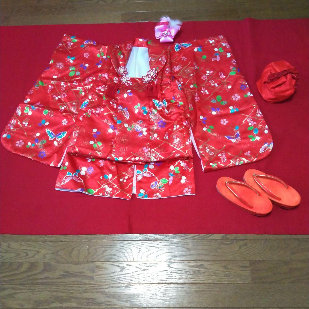 値下【美品】七五三　3歳　女の子　被布コート　着物セット　オレンジ（7点セット）