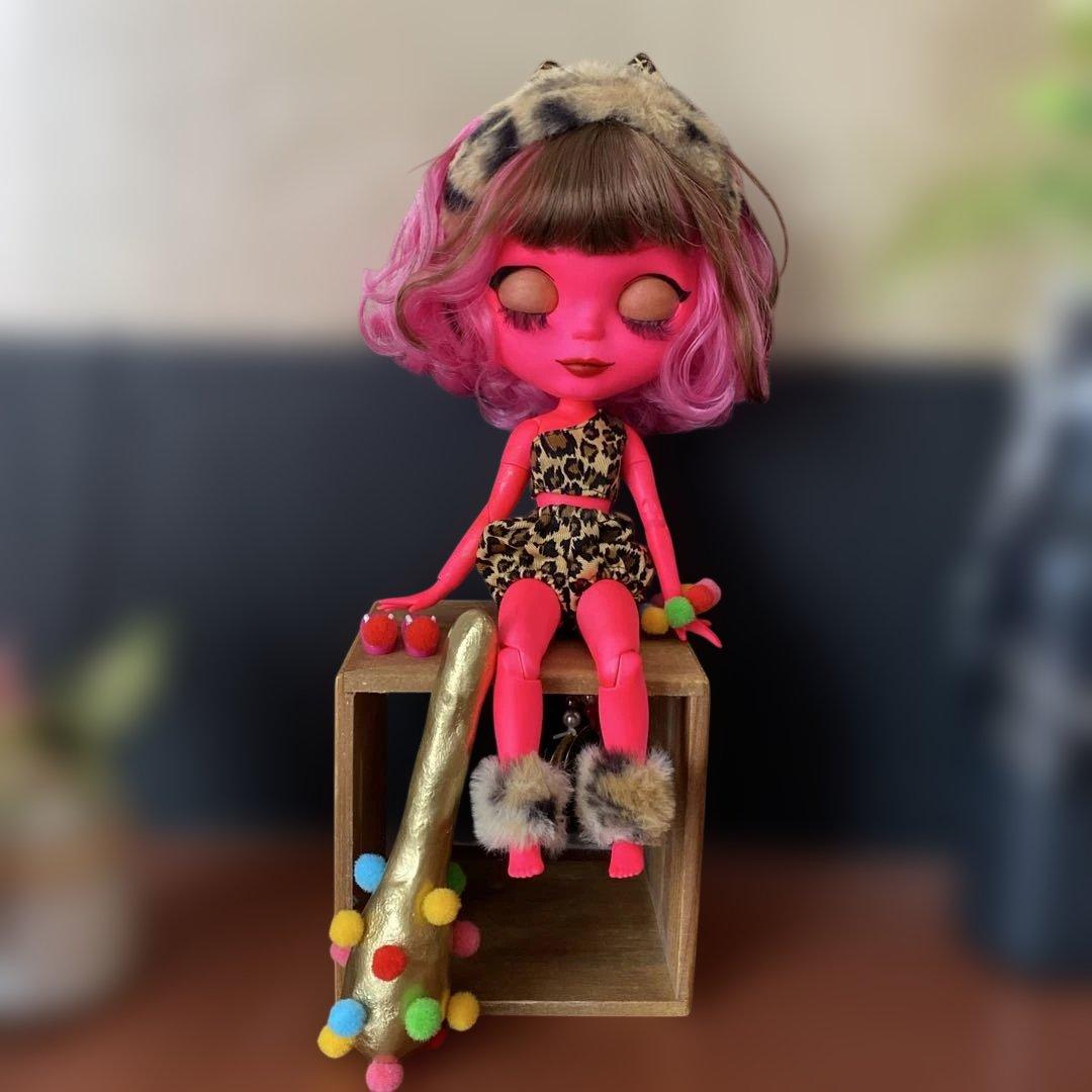 カスタムドール『ピンク鬼』金棒付き 節分 ピンク&ブラウンヘアツノ付きターバン