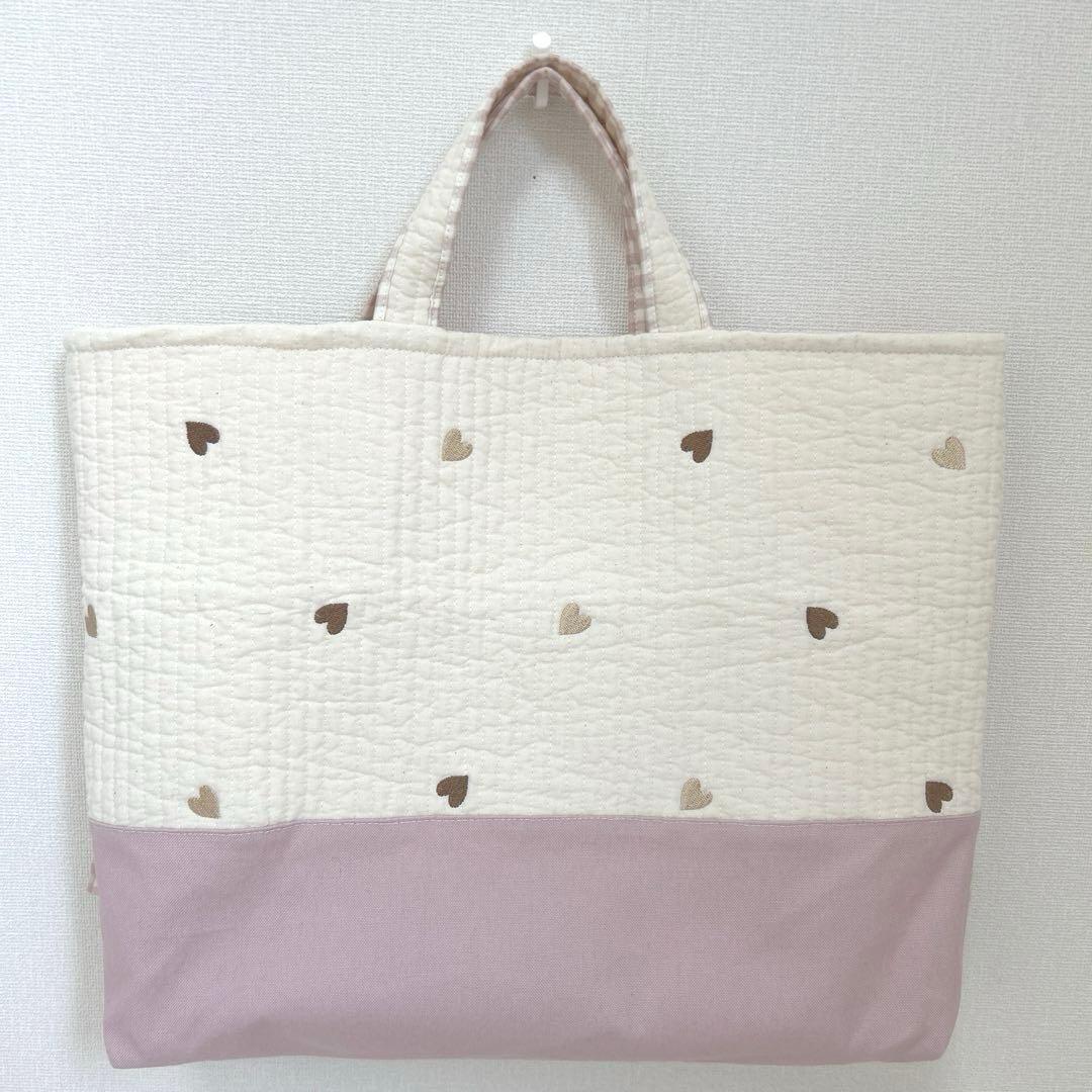 入園入学3点セット　【白地ブラウンハート×くすみピンク】　女の子　レッスンバッグ