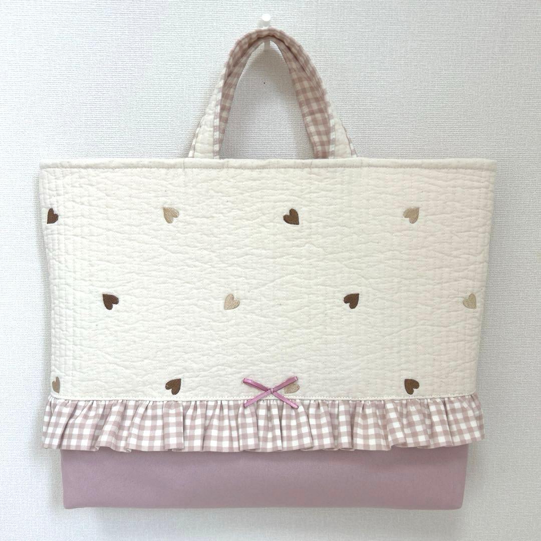 入園入学3点セット　【白地ブラウンハート×くすみピンク】　女の子　レッスンバッグ