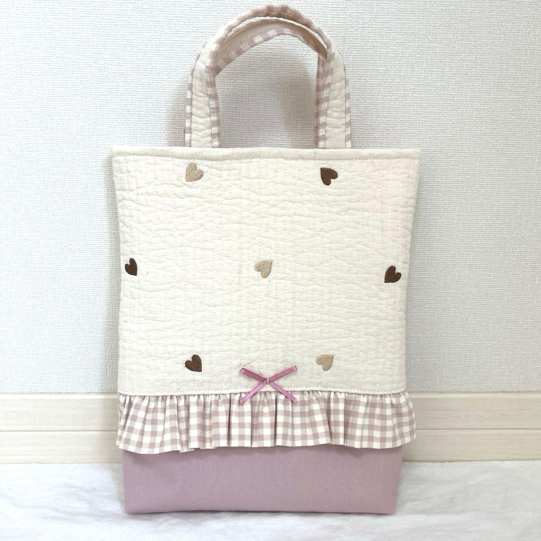 入園入学3点セット　【白地ブラウンハート×くすみピンク】　女の子　レッスンバッグ
