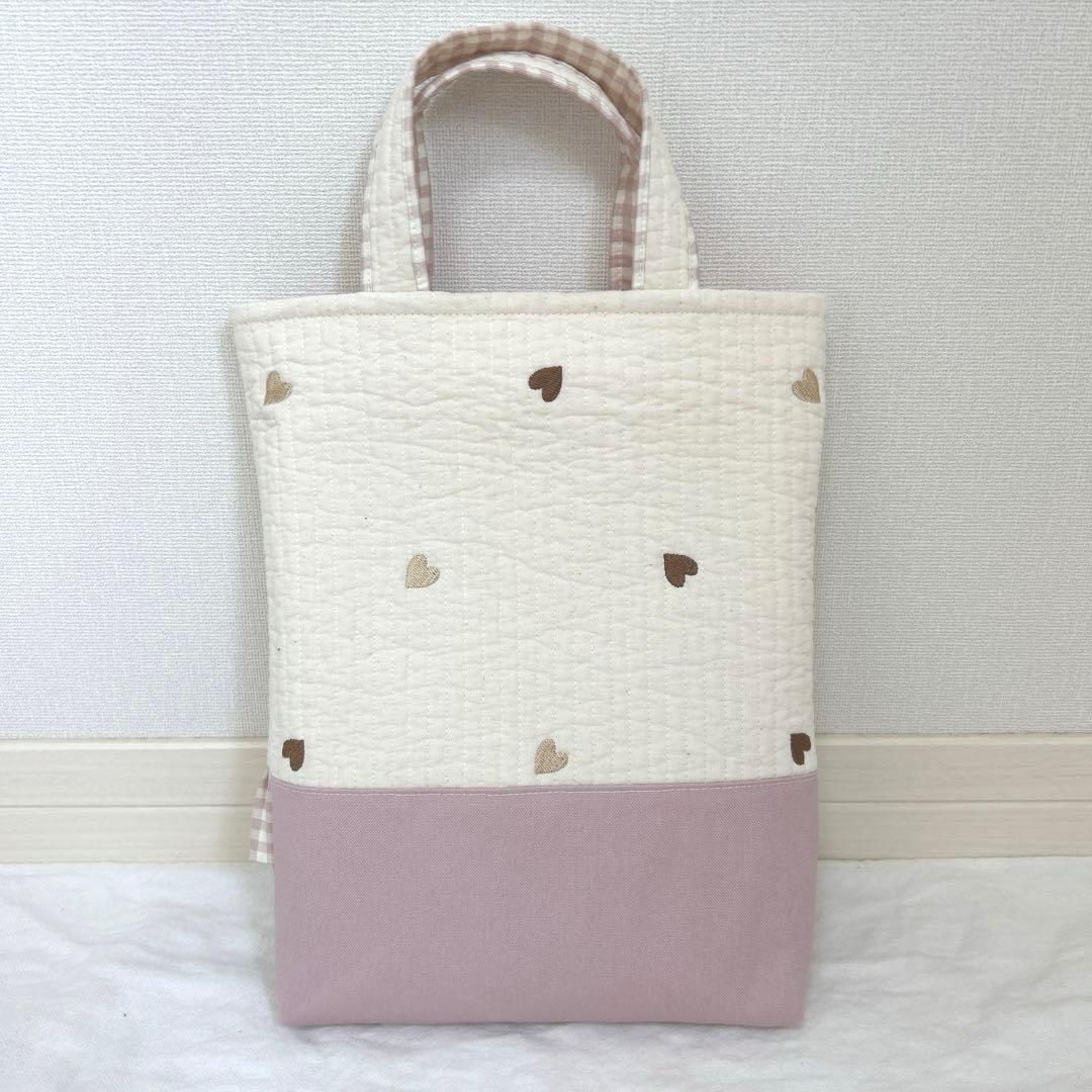 入園入学3点セット　【白地ブラウンハート×くすみピンク】　女の子　レッスンバッグ