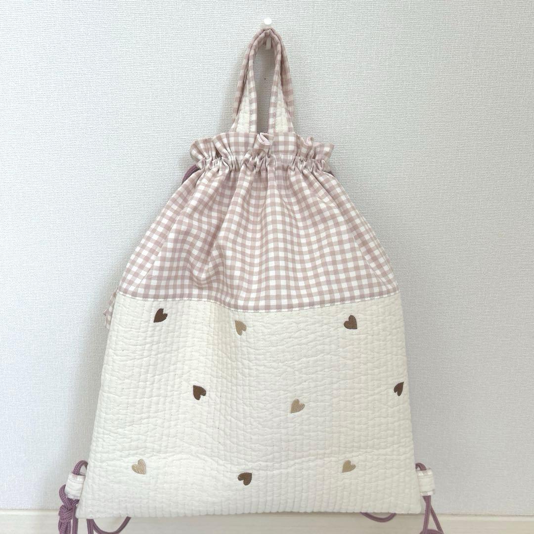 入園入学3点セット　【白地ブラウンハート×くすみピンク】　女の子　レッスンバッグ