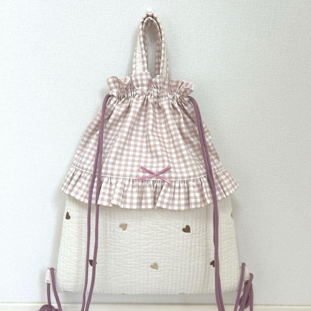 入園入学3点セット　【白地ブラウンハート×くすみピンク】　女の子　レッスンバッグ