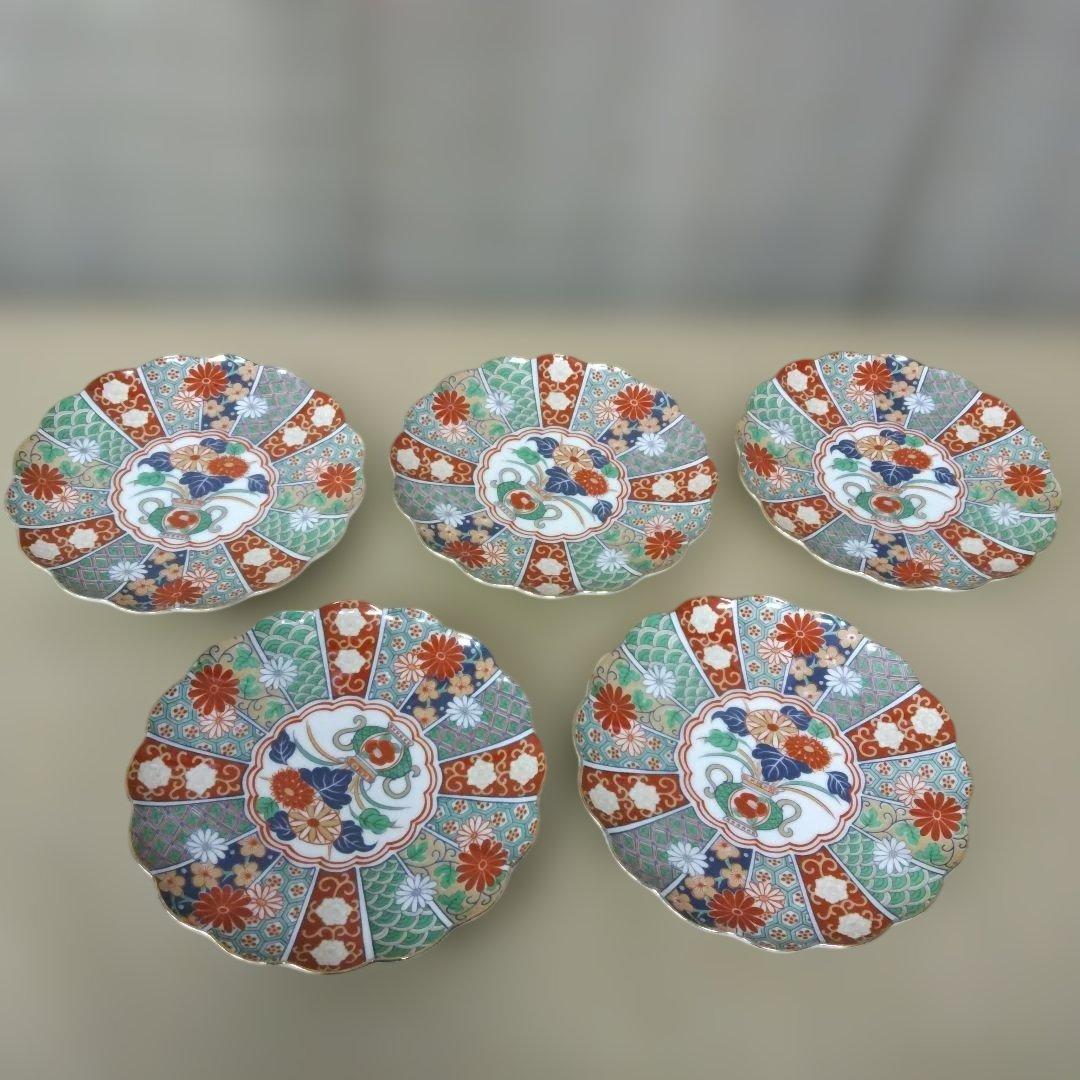 ☆期間限定特価！【有田焼 陶扇 /菊割皿/赤絵/金彩 5組セット現状品