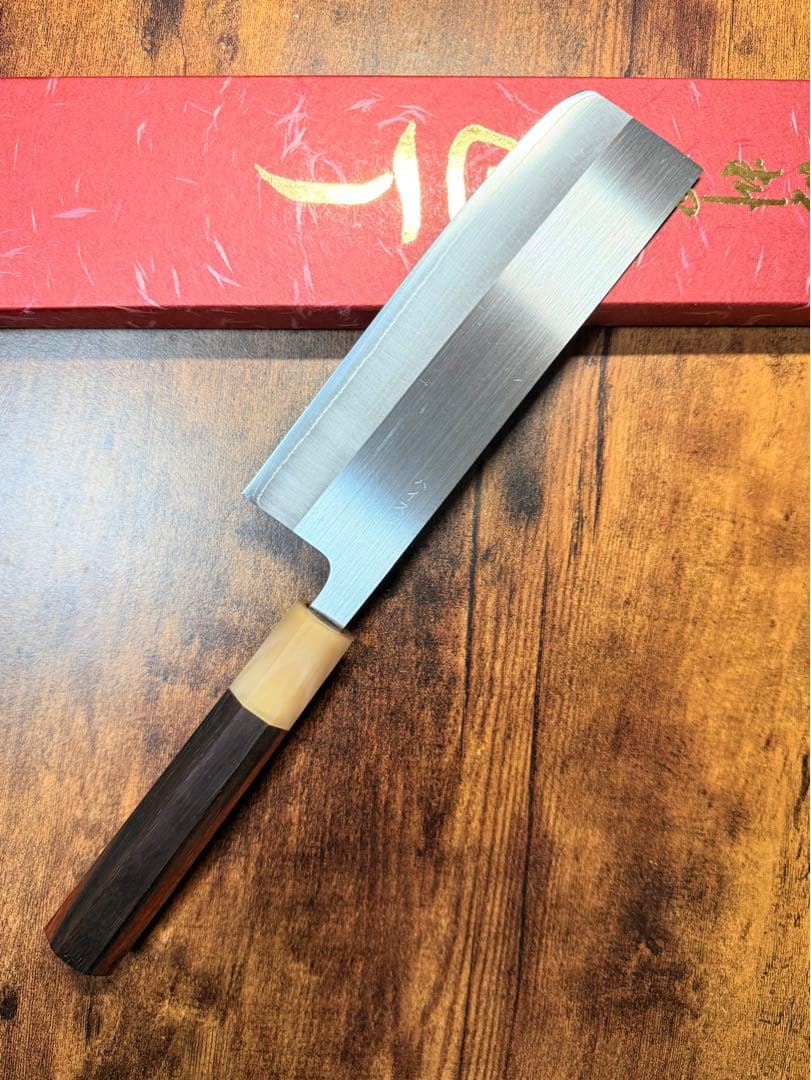 堺白鶴作　菜切　包丁　粉末ハイス鋼(SRS13) 紫檀白水牛八角柄
