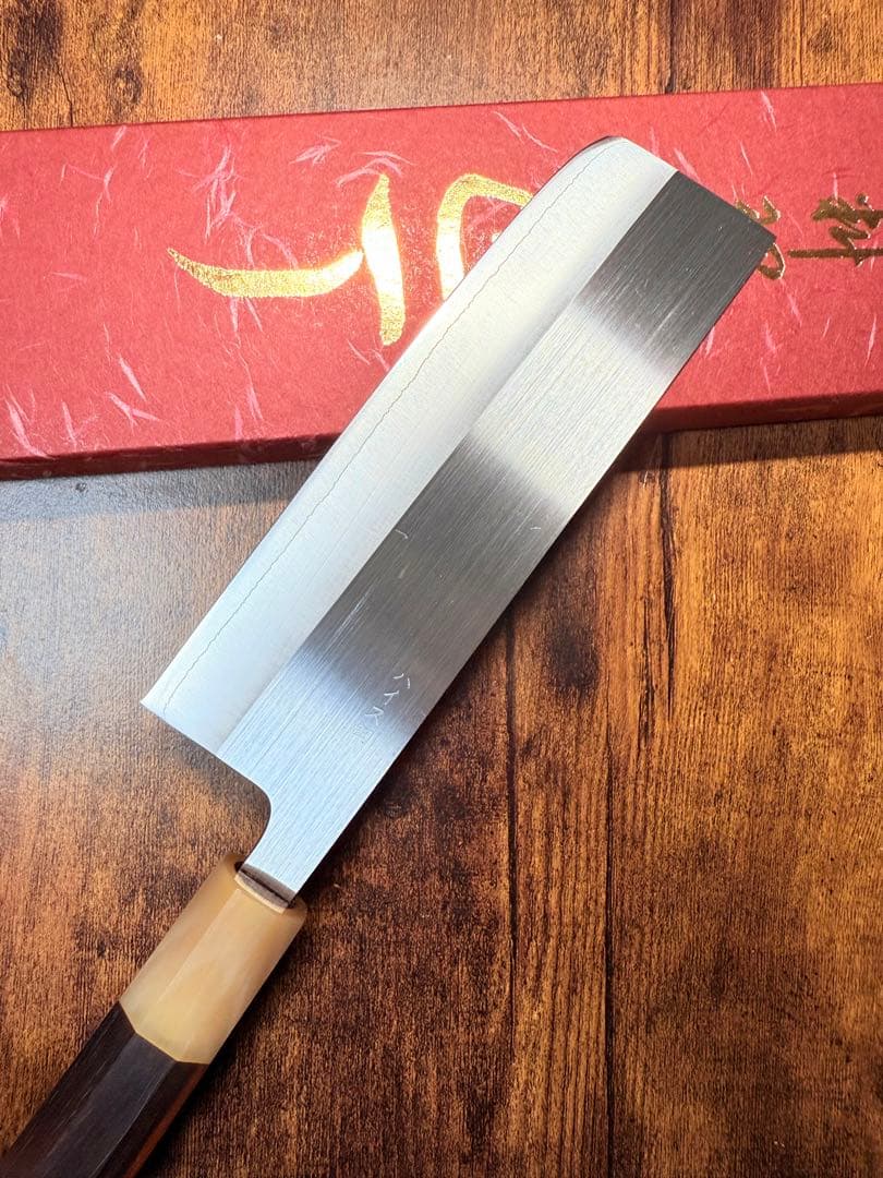 堺白鶴作　菜切　包丁　粉末ハイス鋼(SRS13) 紫檀白水牛八角柄