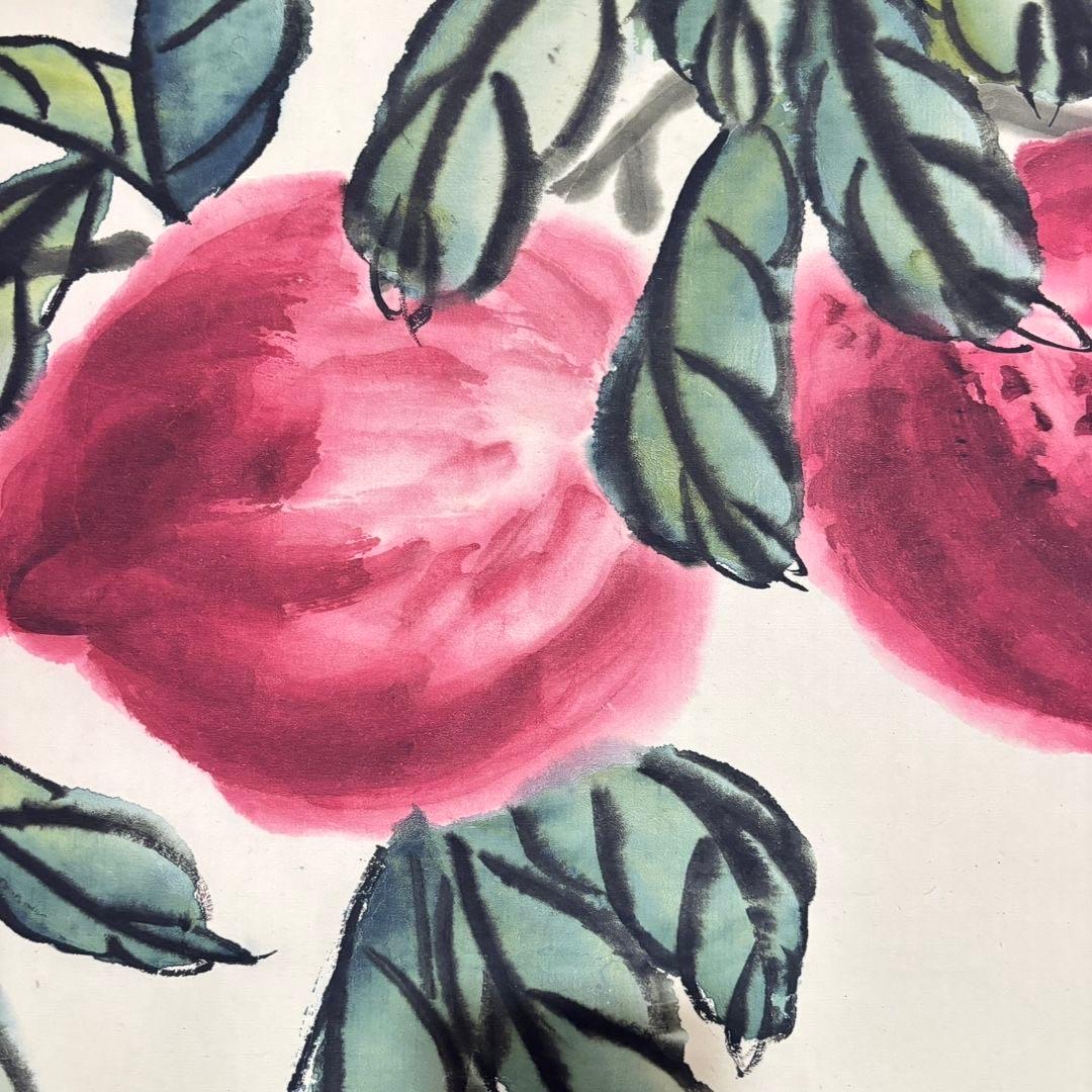 中国画 齐白石 寿桃図 中堂 掛け軸／防偽証書付き