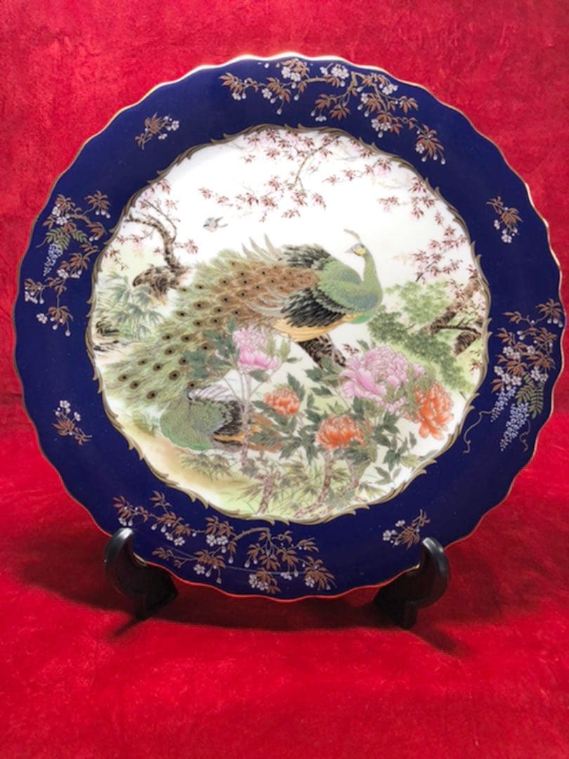 花鳥柄皿　嵯峨野製　孔雀　桜　芍薬　柴田陶器