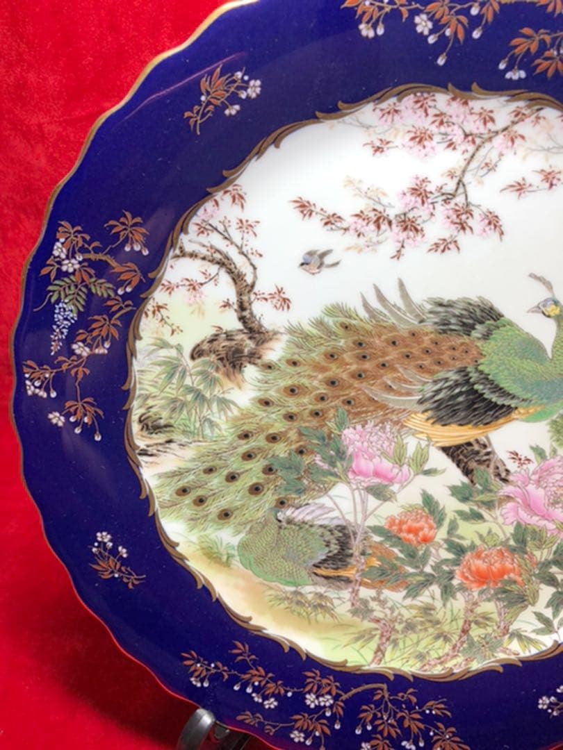 花鳥柄皿　嵯峨野製　孔雀　桜　芍薬　柴田陶器