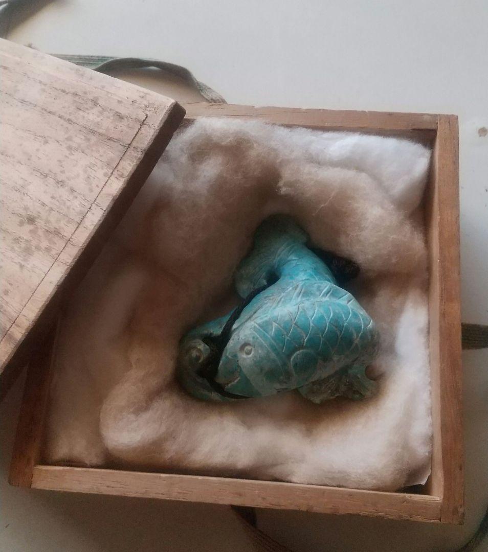 本トルコ石 古代 魚彫刻 根付け 魔除け 御守 時代物